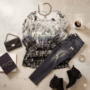 Chicos Top XL Women Sz 3 Blue Velvet Silver Soft 3/4 Sleeve Tunic Art to Wear